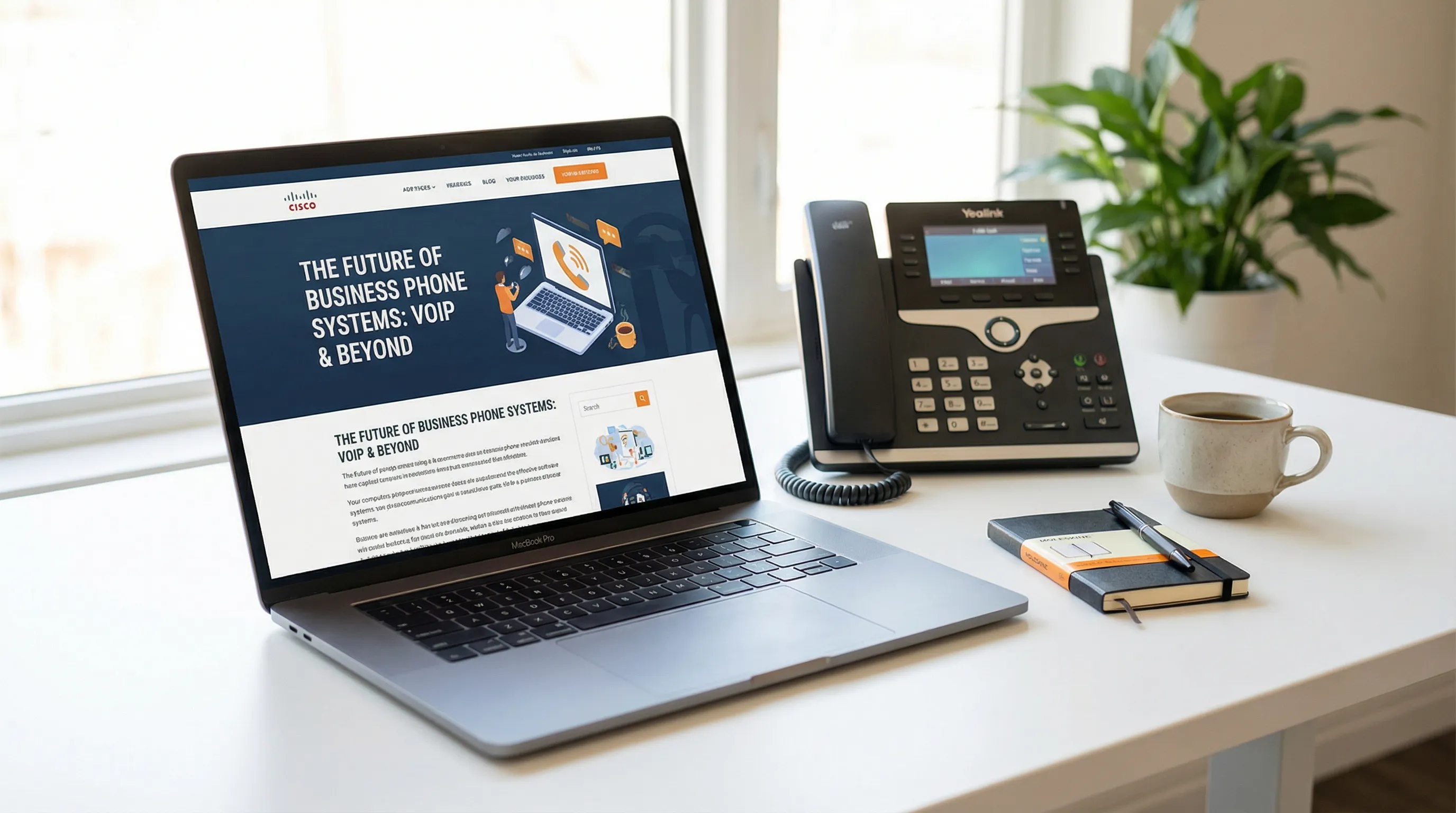 A laptop open to a business phone systems blog article on a modern desk with a VoIP phone and coffee cup