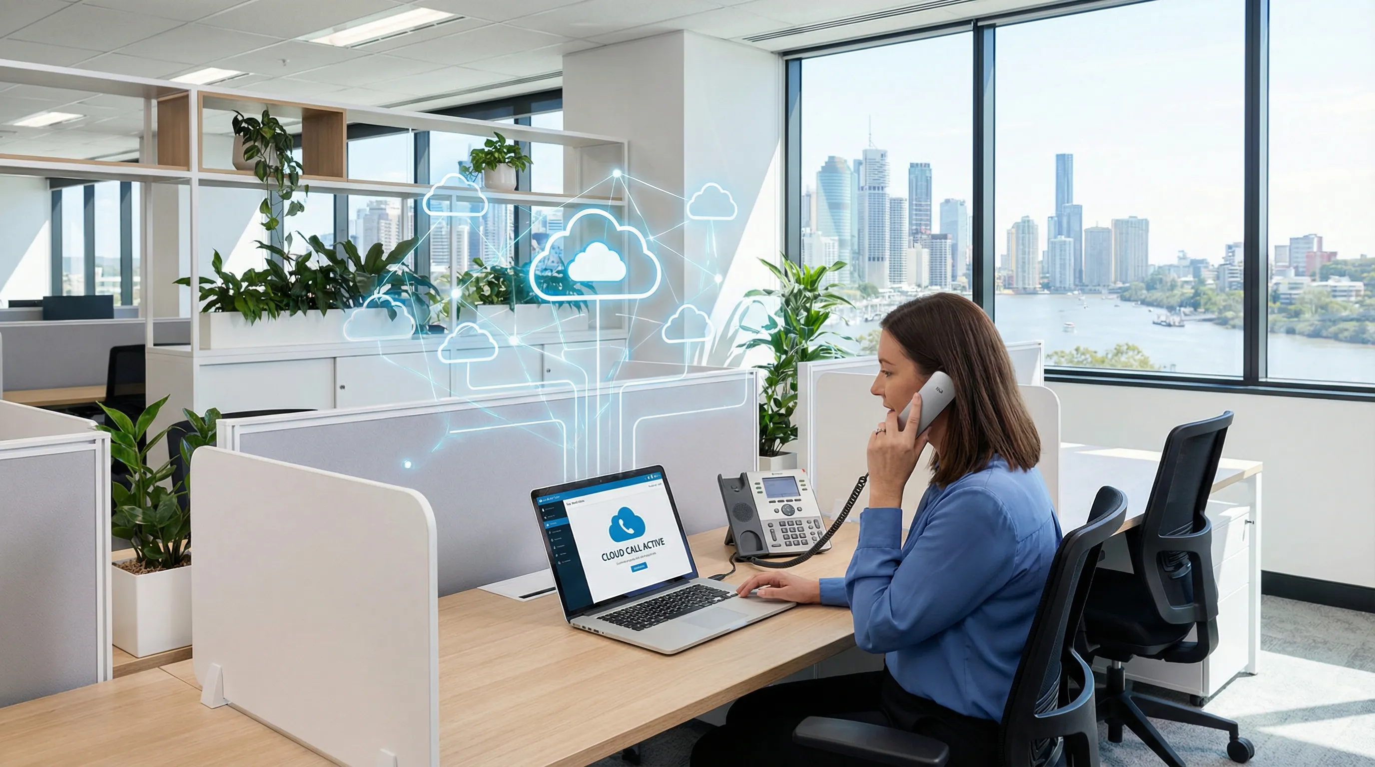 A professional in a modern Brisbane office using a cloud-connected IP desk phone with softphone interface visible on laptop