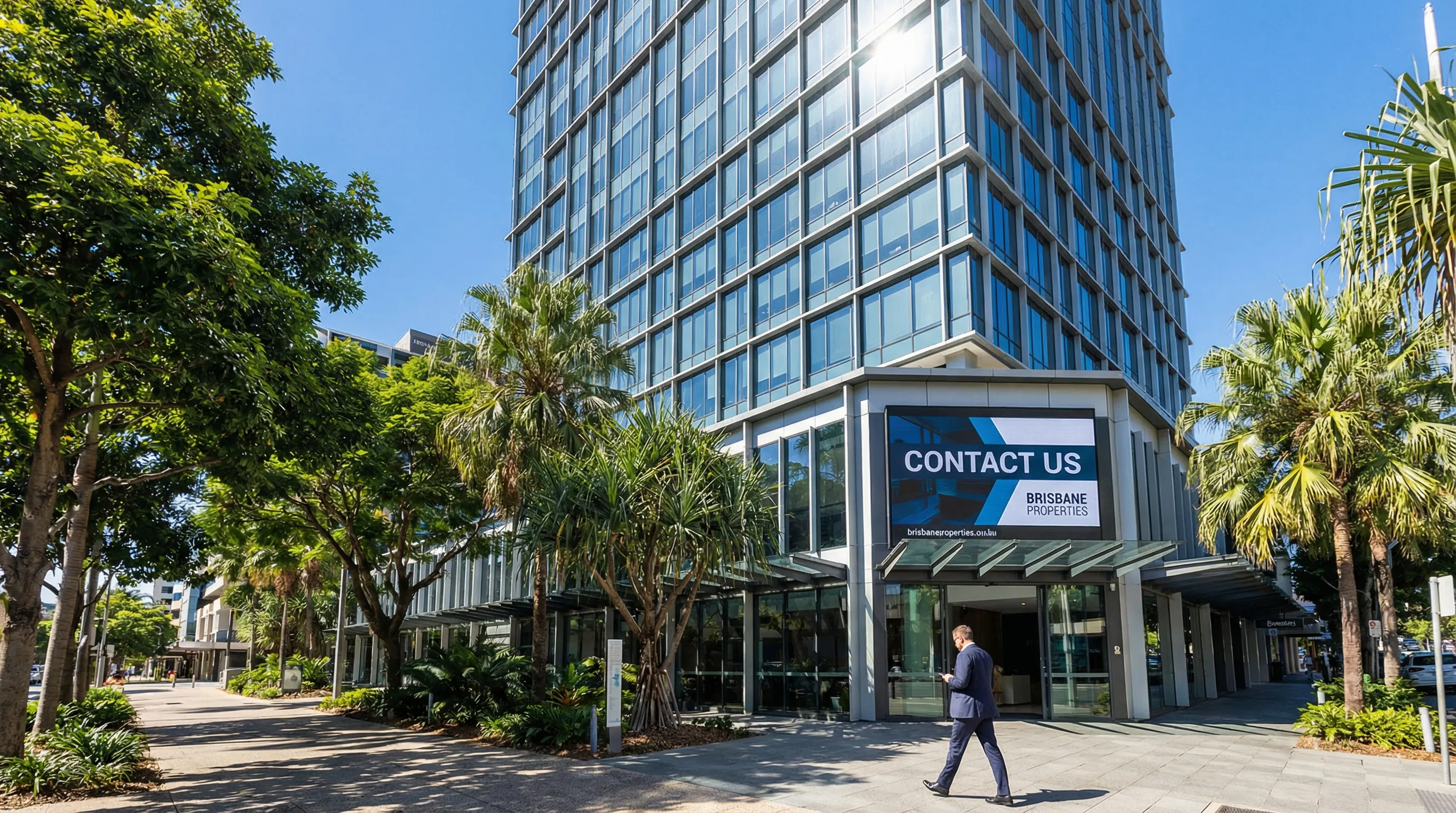 A modern glass commercial building in Brisbane CBD on a sunny day, representing the Phones Now business location