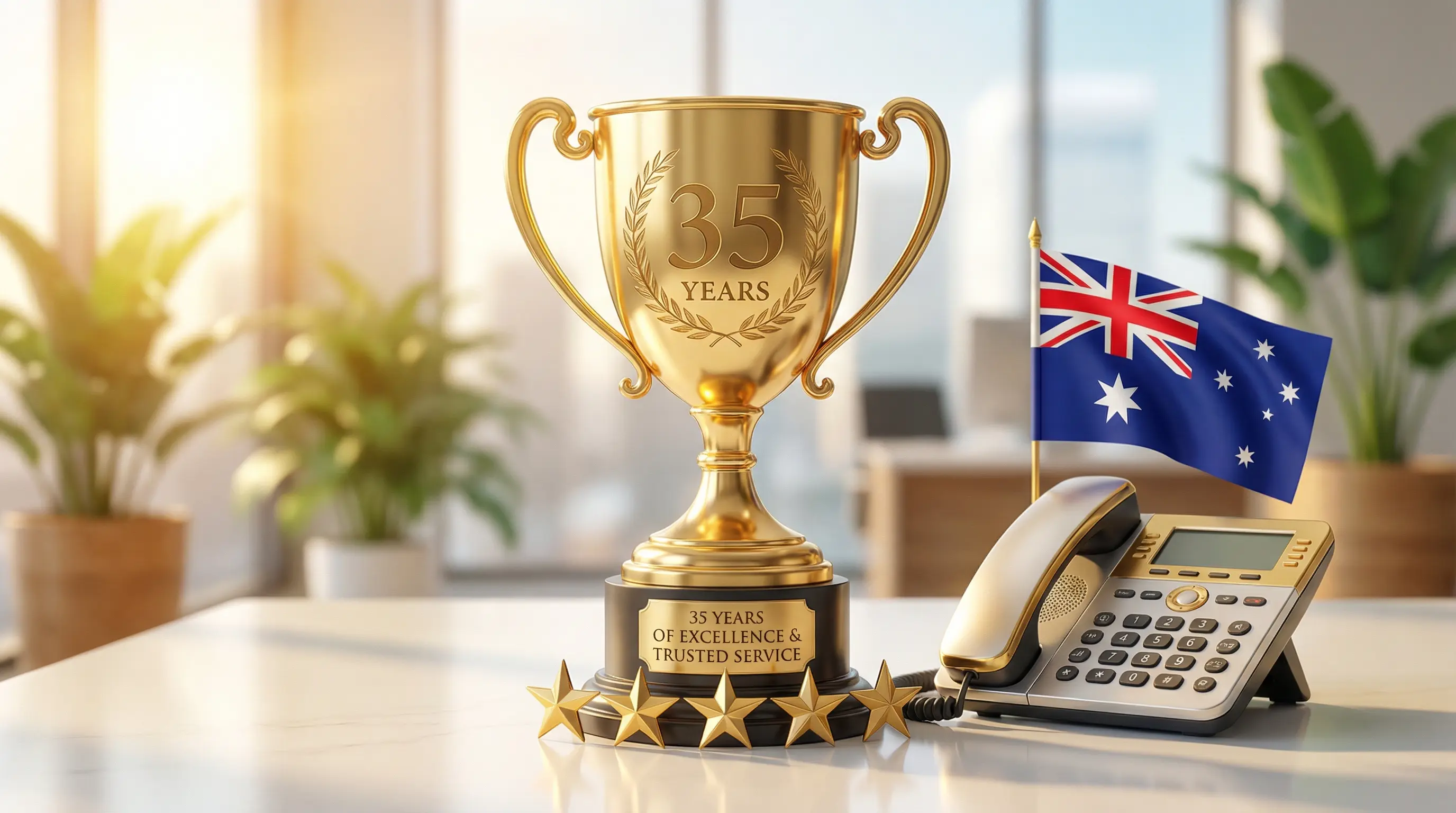 A gold award trophy with five stars beside a modern business phone, representing 35+ years of trusted service