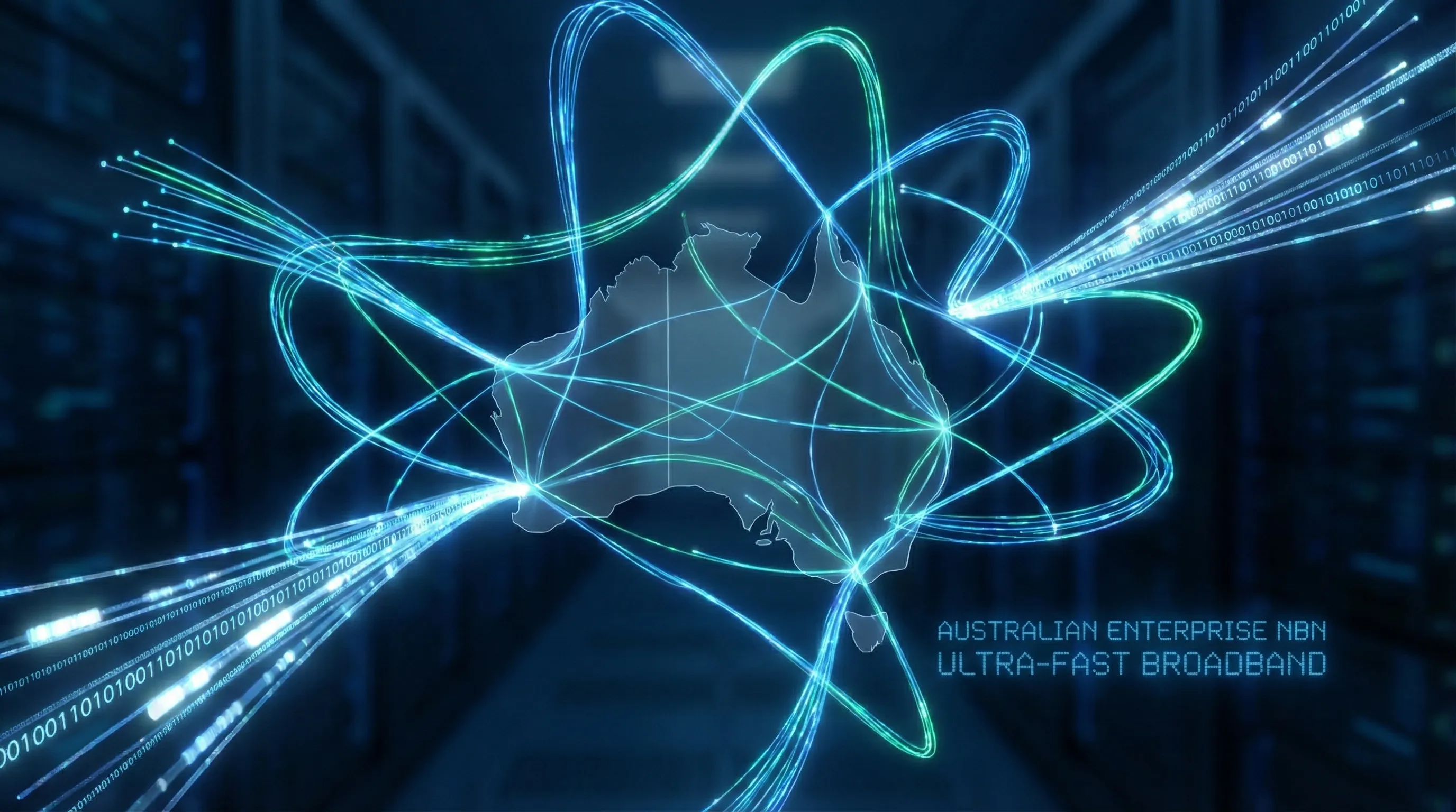 Abstract fiber optic light trails forming a network pattern representing NBN enterprise ethernet connectivity across Australia