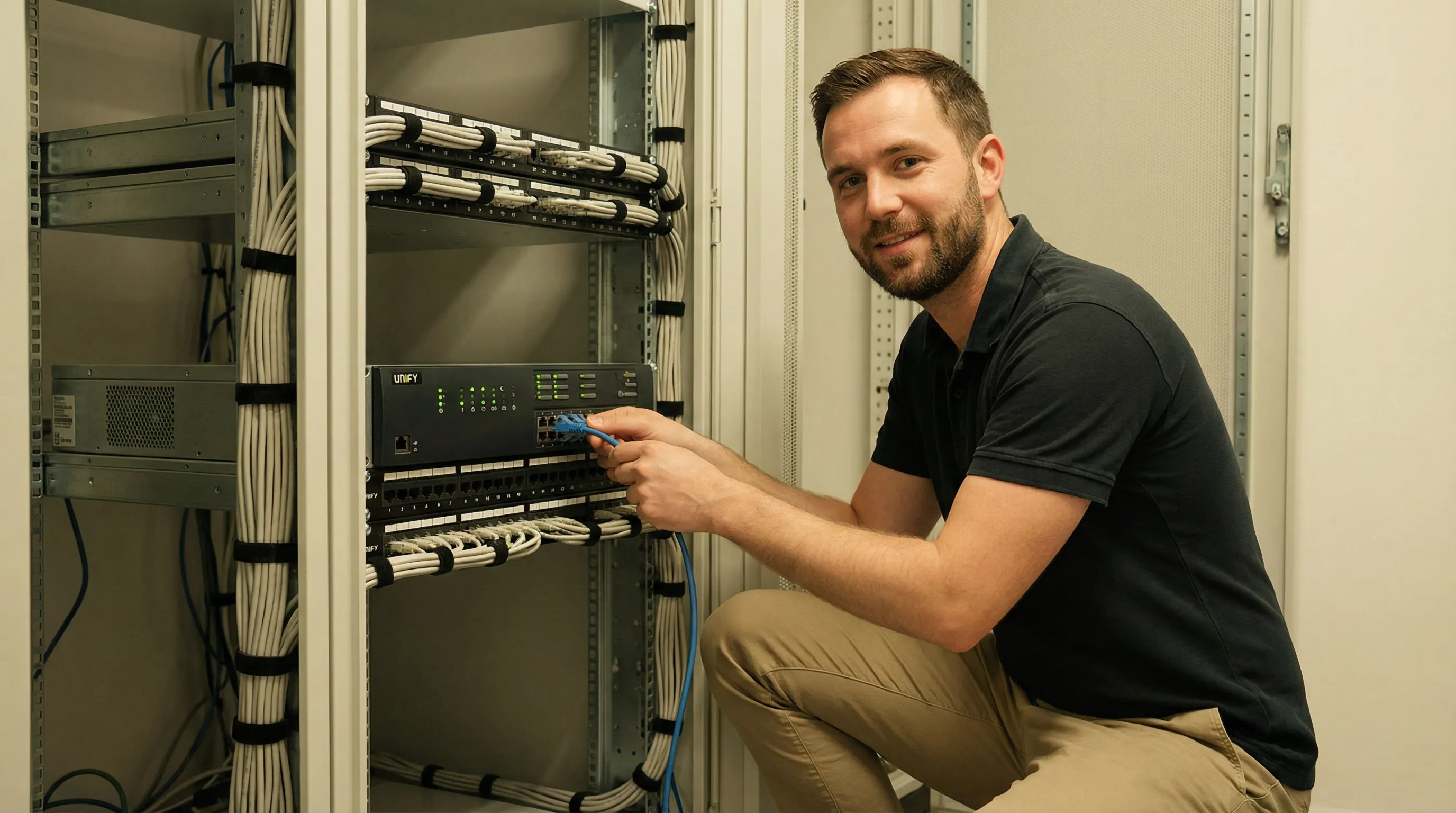 A Phones Now technician installing an on-premise PBX phone system in a clean server room