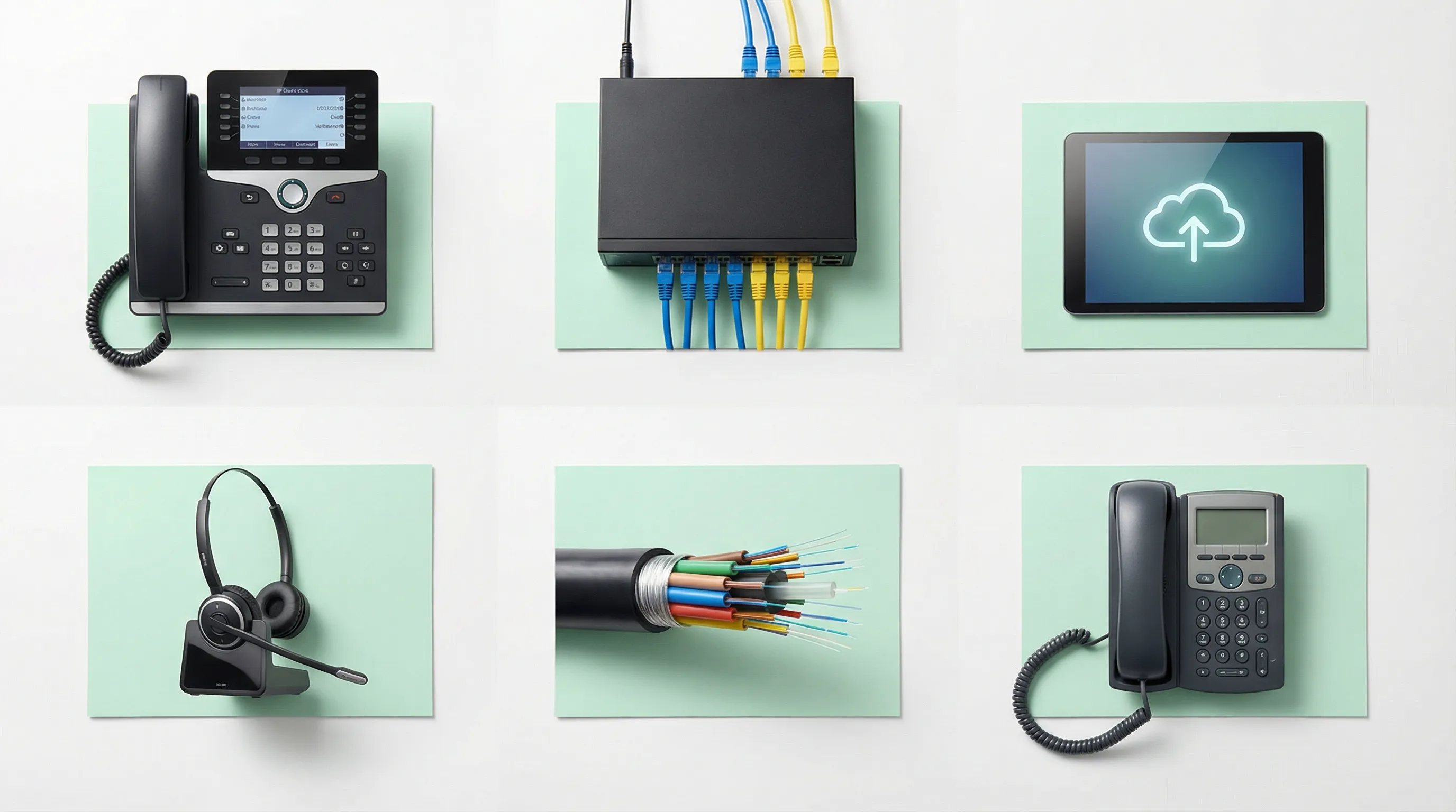 An overhead layout of business phone system components including IP phones, network switches, headsets, and fiber cables