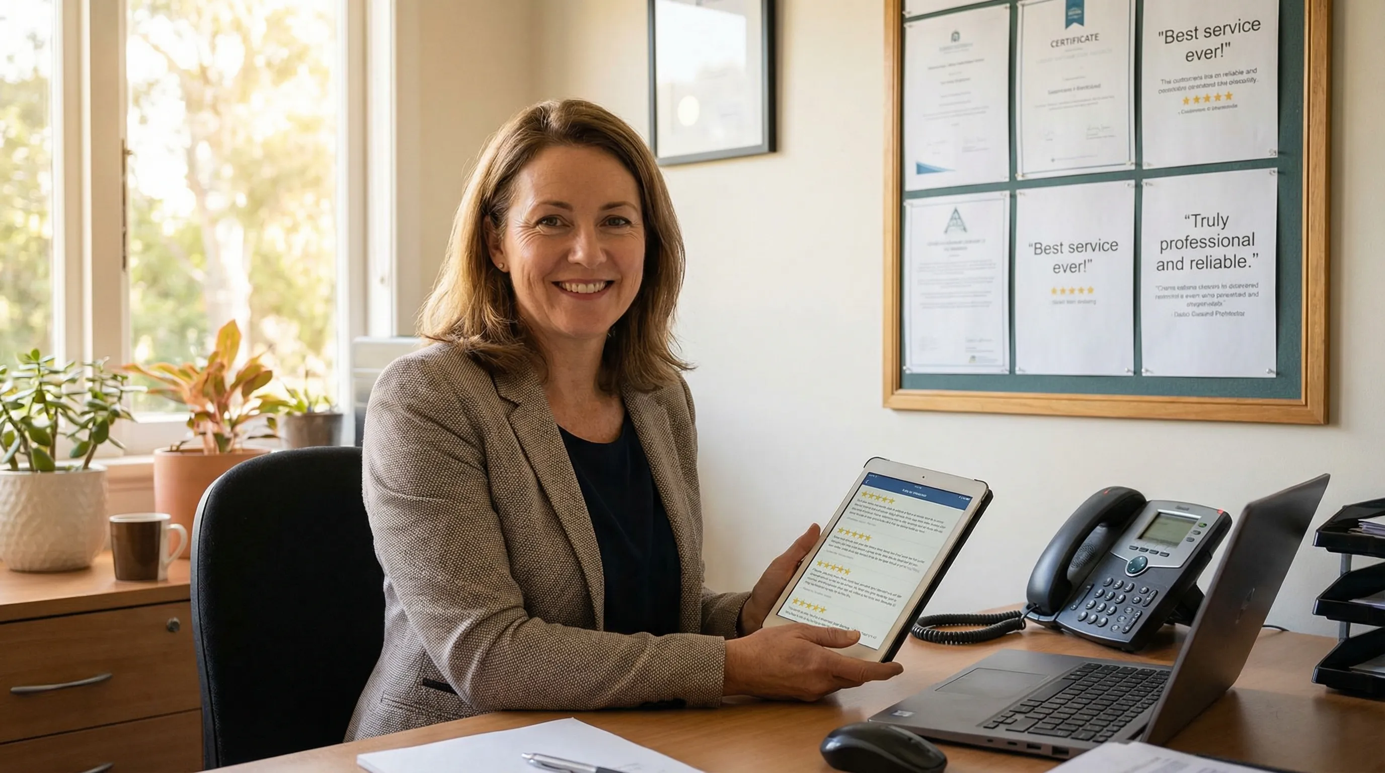 A happy Australian small business owner smiling while reviewing five-star customer testimonials on a tablet