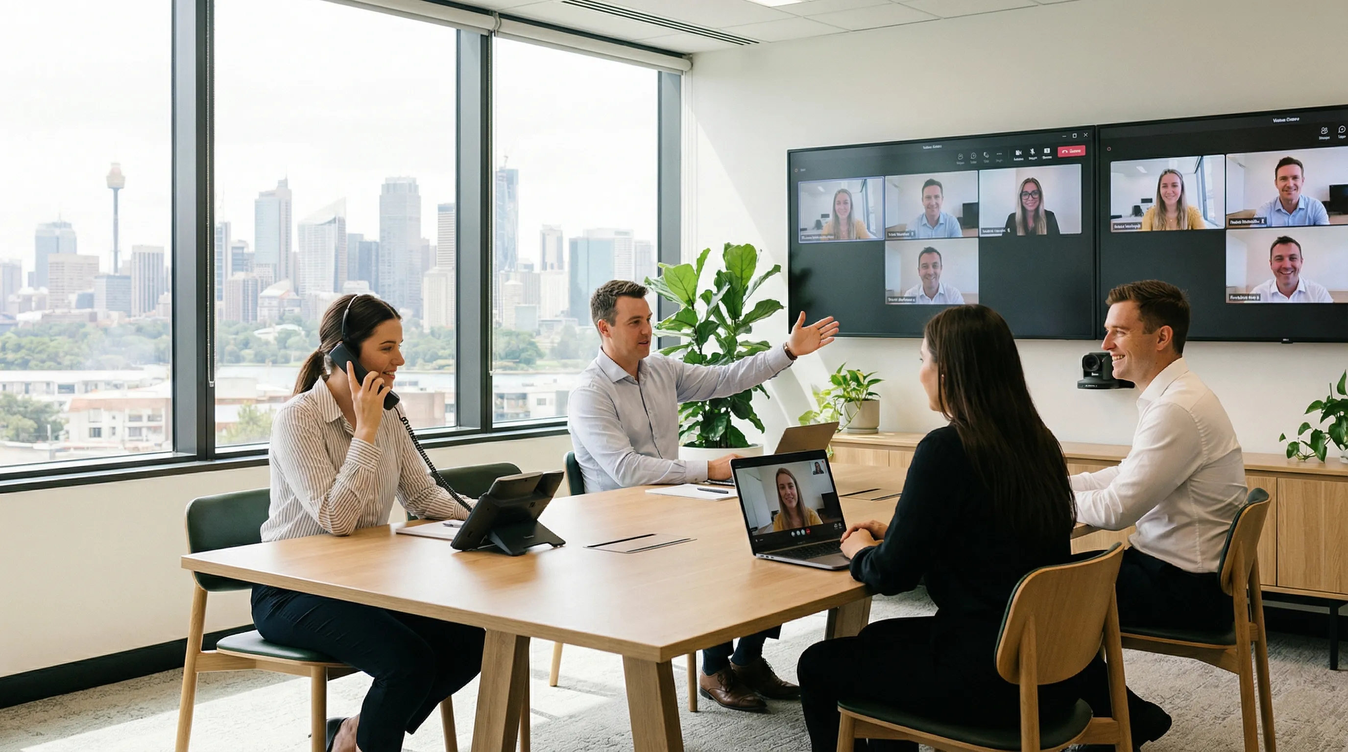 A team of professionals in a modern meeting room collaborating via unified communications including video calls and desk phones