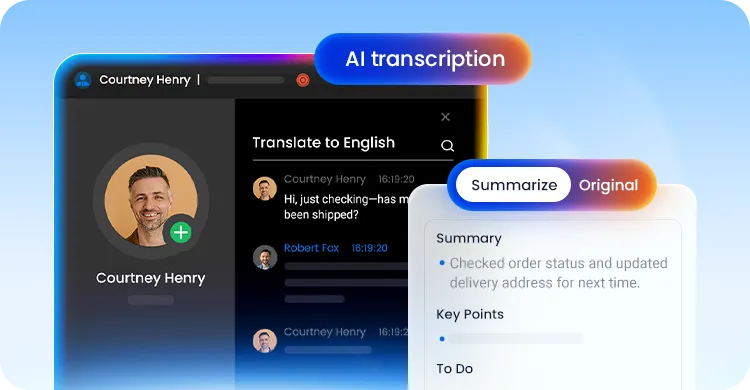 Pulse UC built-in AI — live call transcription, translation to English, and automatic summary with key points and to-dos