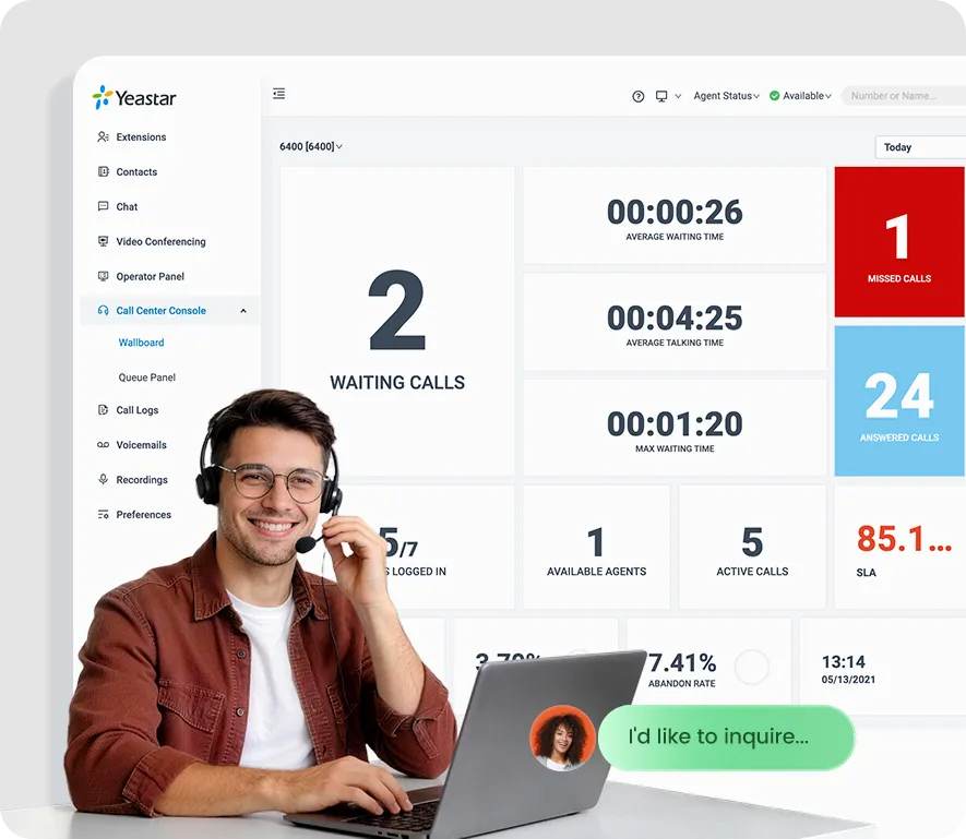 Pulse UC call centre agent with headset in front of a live wallboard showing queue and SLA statistics