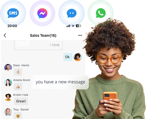 Pulse UC omnichannel messaging — SMS, Facebook Messenger and WhatsApp conversations in one team inbox