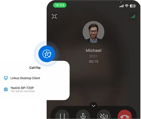 Pulse UC mobile app on a call with call flip options to desktop client and desk phone