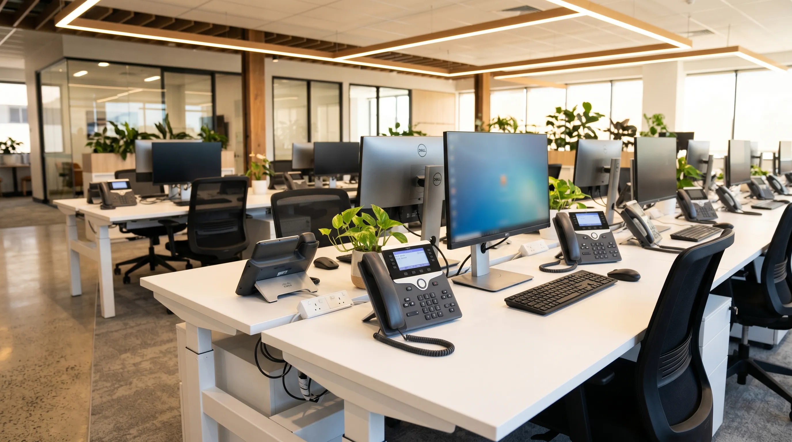 IP desk phones on office desks in a modern Brisbane business