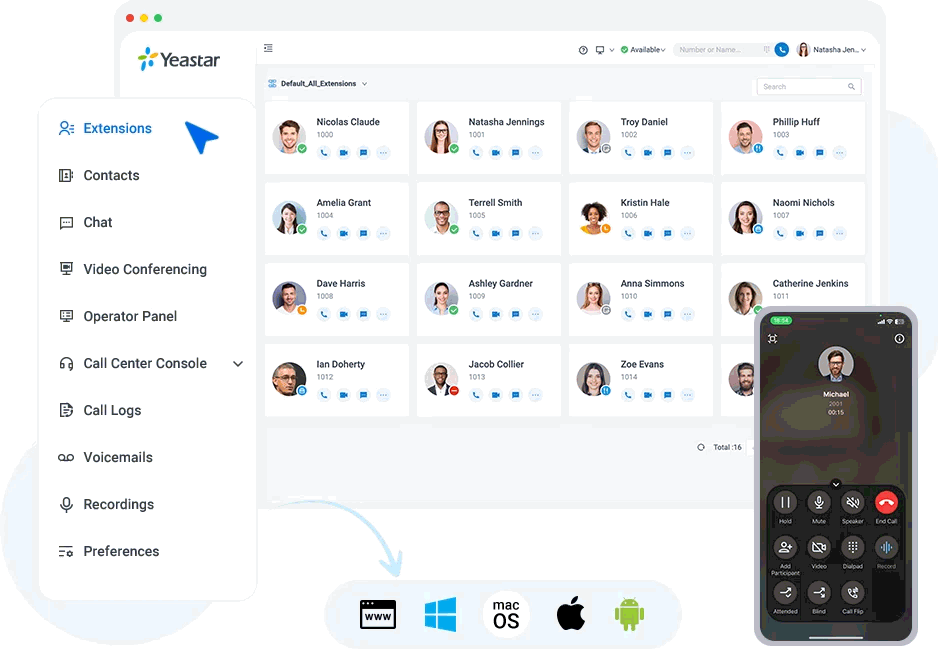 Pulse UC app on web, Windows, macOS, iOS and Android — extensions directory, video calling and mobile call controls